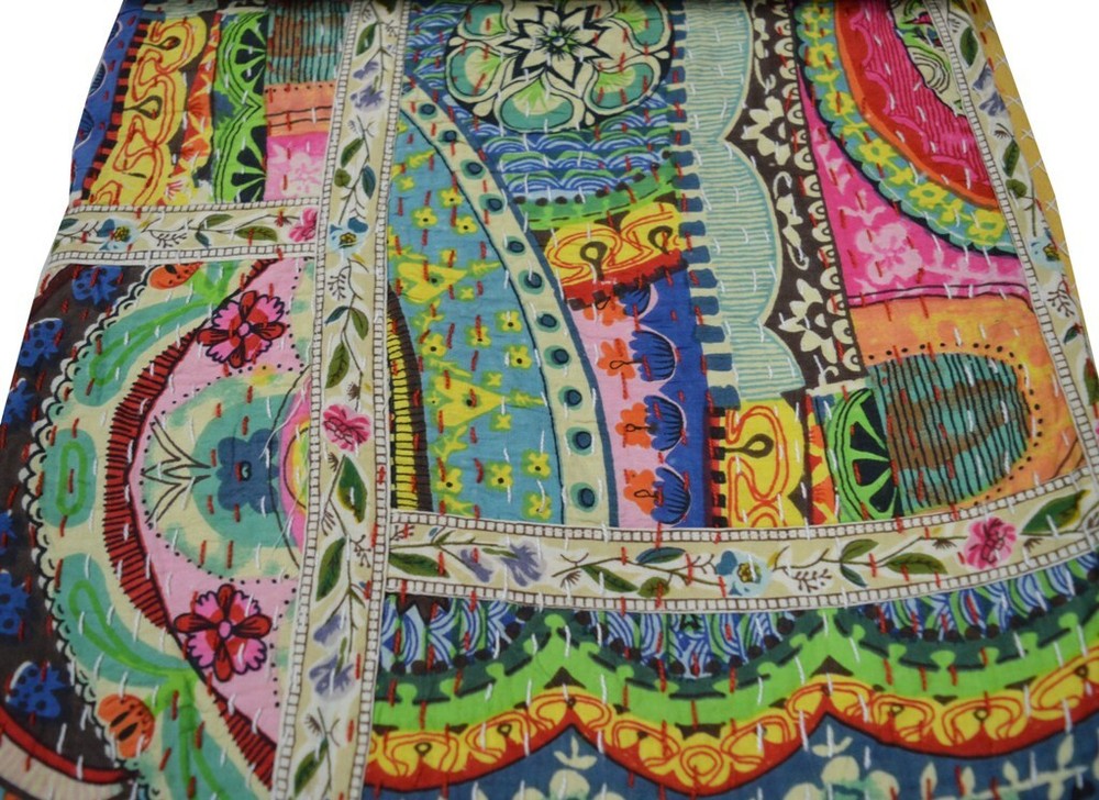 Reversible Patchwork Kantha Quilt Multicolor Single Blanket Bohemian Bed Runner