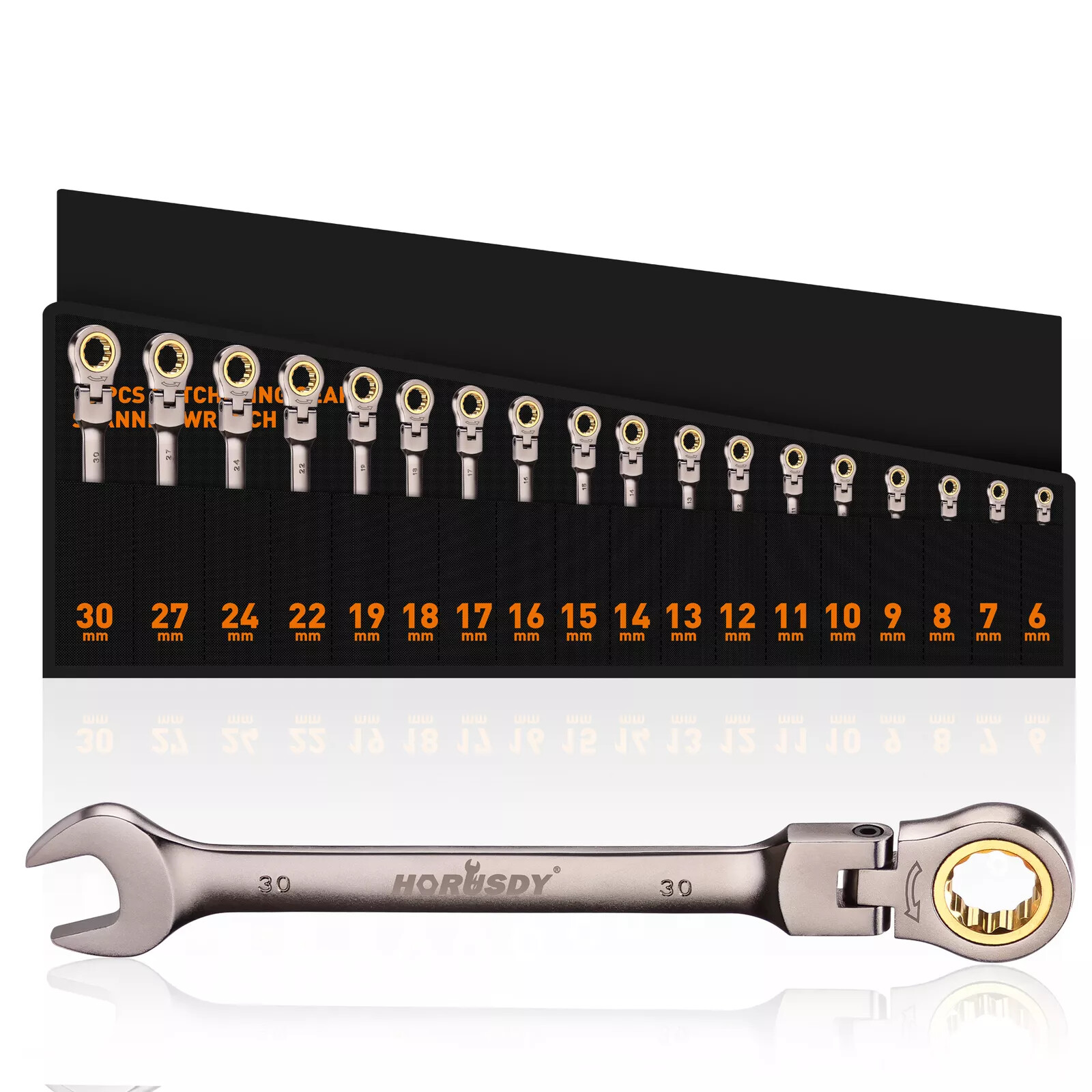 18 PC Flex Head Ratcheting Wrench Set 6 - 30 MM Combination End Spanner & Pounch