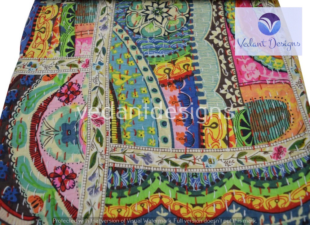 Reversible Patchwork Kantha Quilt Multicolor Single Blanket Bohemian Bed Runner