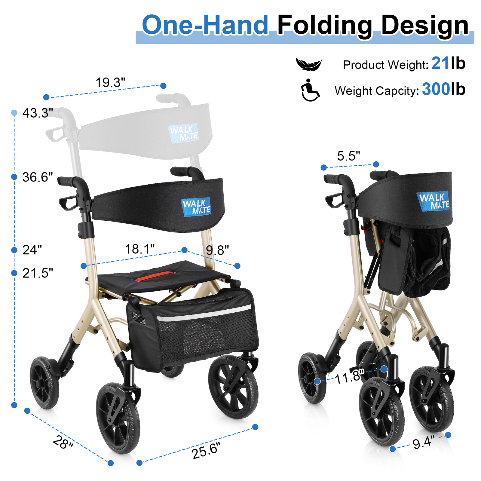 Walk Mate Rollator Walker Heavy Duty Folding 300lb Rolling Wide Seat w/ 4 Wheels