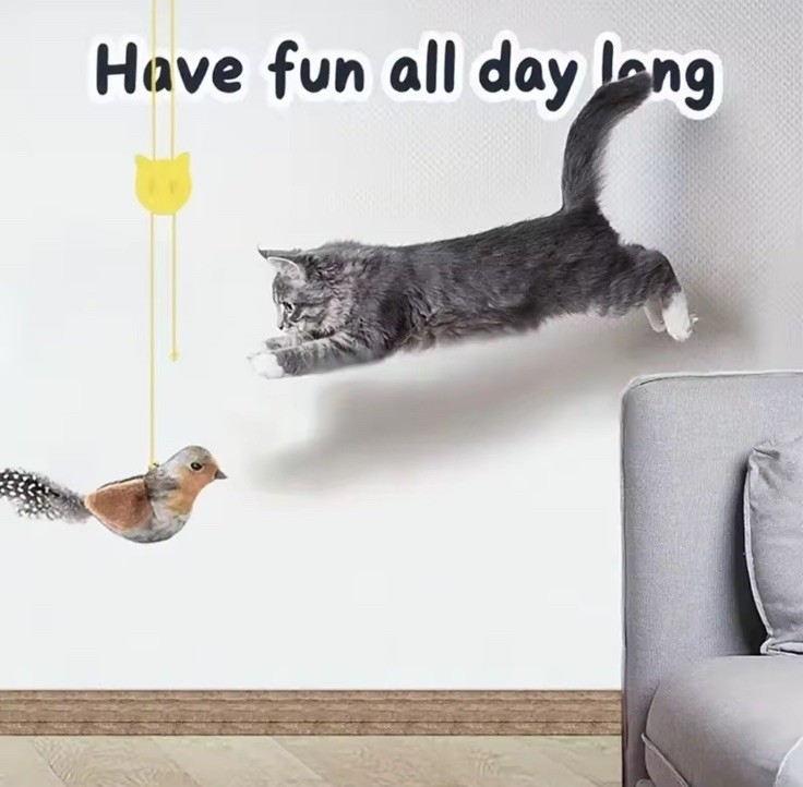Interactive Flapping Bird Cat Toy Plush Sparrow, Chirping, Detachable, Hangable