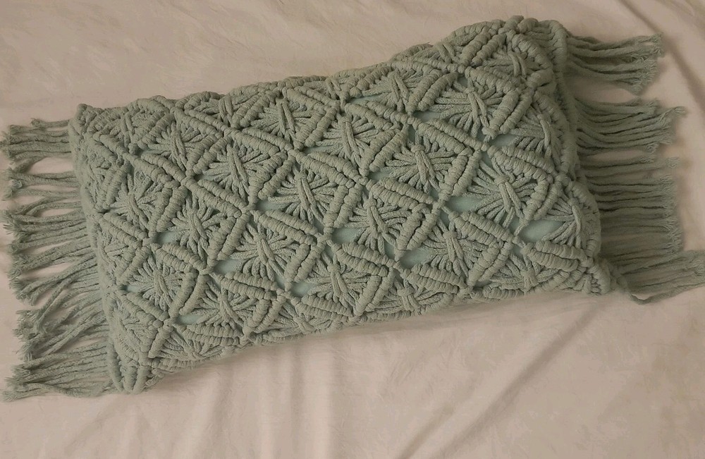 macrame Pillow Boho Throw Rectangle 11"×19" zipper Mint Green Granny Core Read