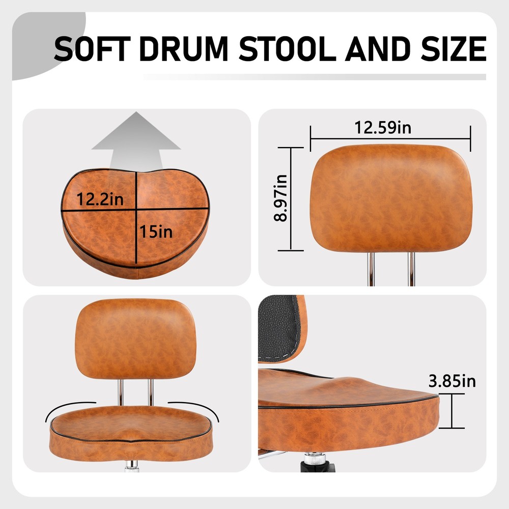 Drum Throne with Backrest, Height Adjustable Padded Seat Drum Stool