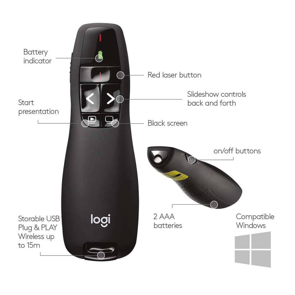 Logitech Wireless Presenter R400 with Red Laser Pointer and USB Receiver