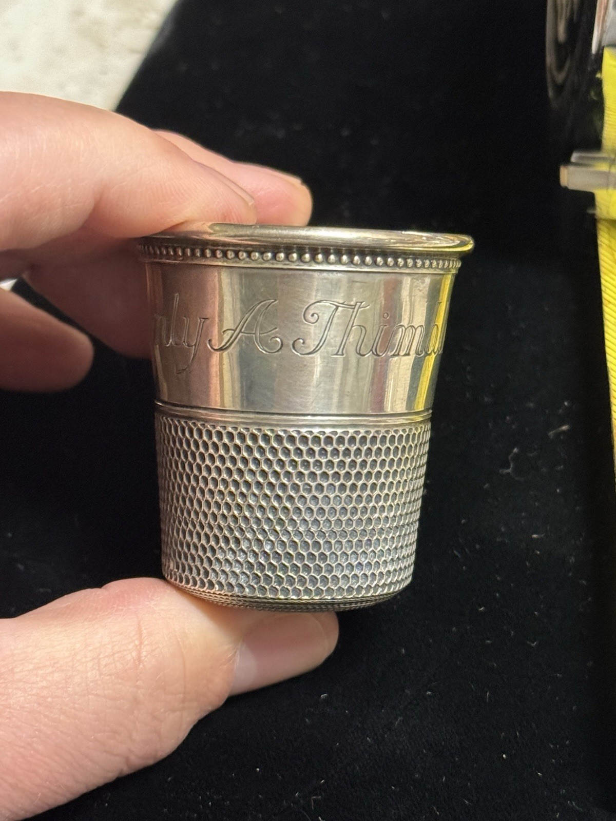 Antique Sterling "Only A Thimble Full" Shot Glass By Charles Thomae