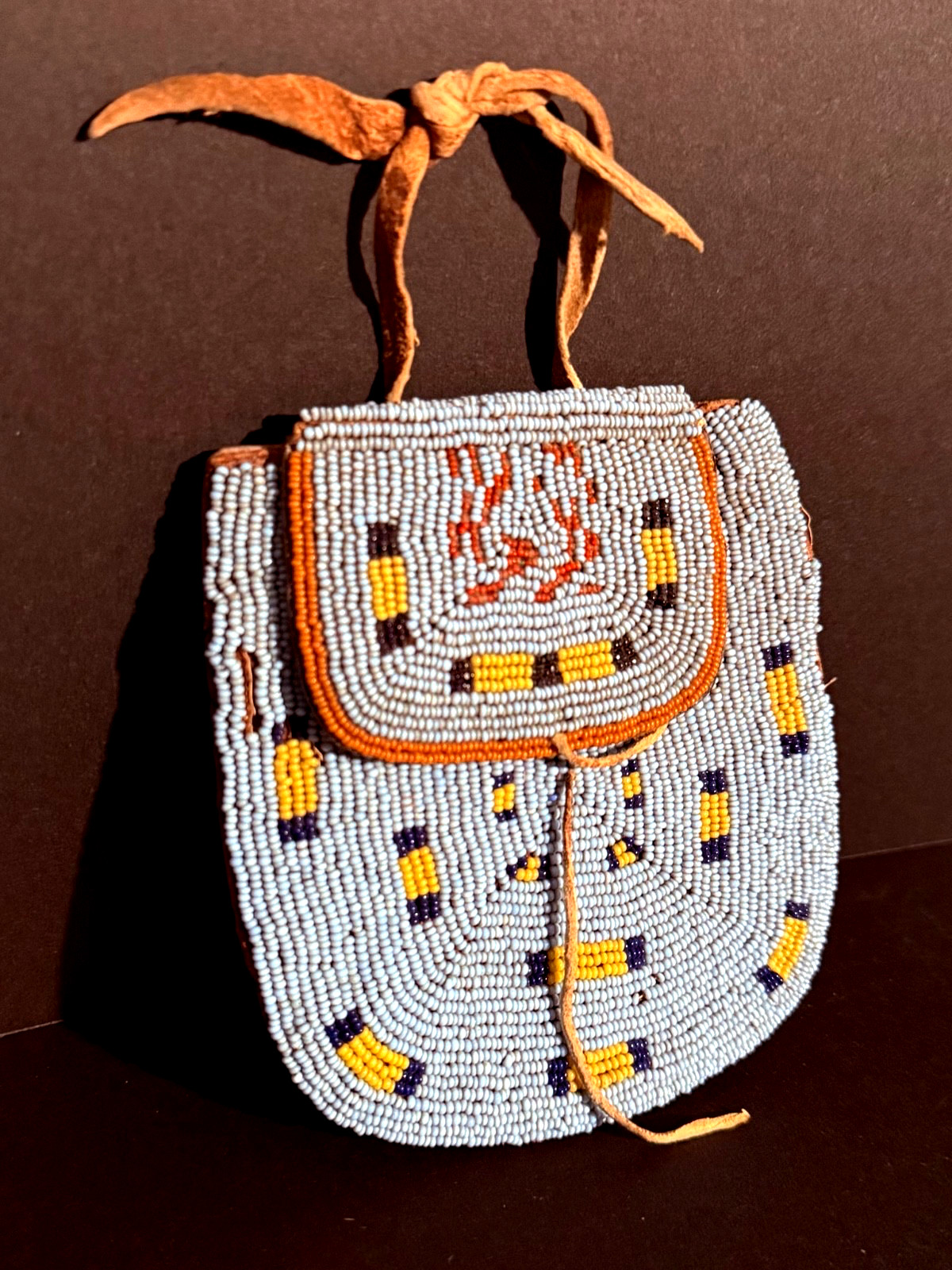 HISTORIC PLAINS BEADED HIDE POUCH,TURQUOISE BLUE GLASS BEAD BACKGROUND,EXCELLENT