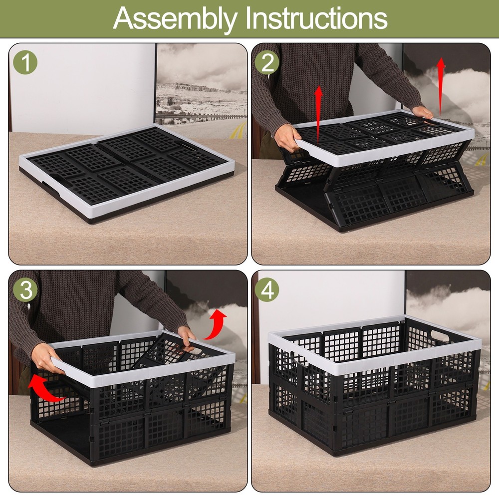 Knifefish Set of 4 Large Folding Stackable Storage Crate, 66 L, Black
