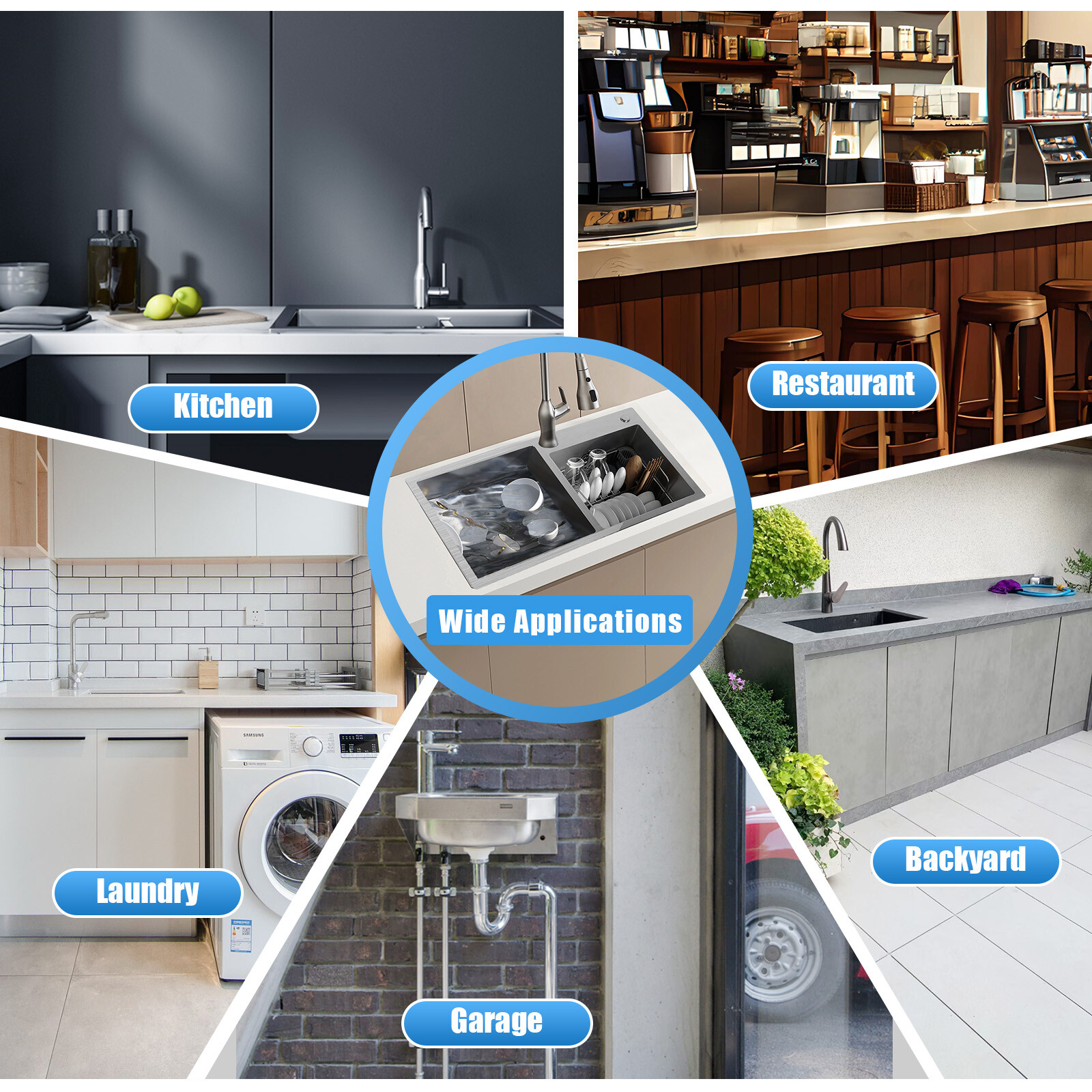 Double Bowl Composite Drop-in Kitchen Sink 2 Bowl Set Stainless Steel