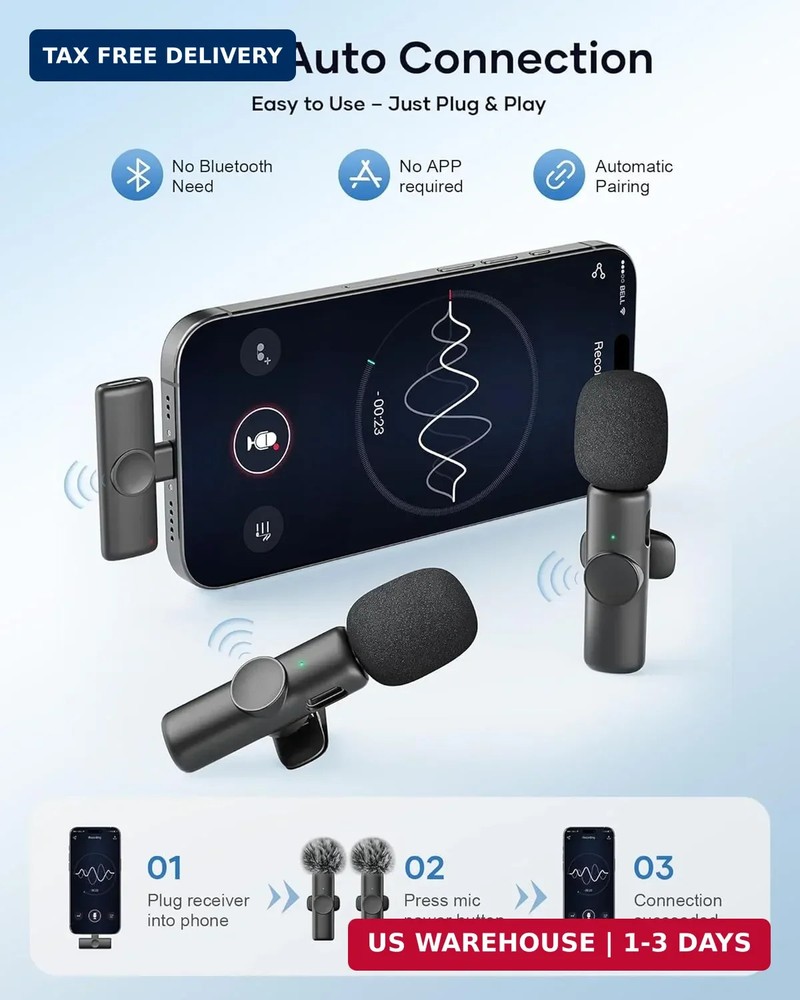 Wireless Microphone for iPhone iPad and Android Phone, 2 Pack Wireless Lavalier