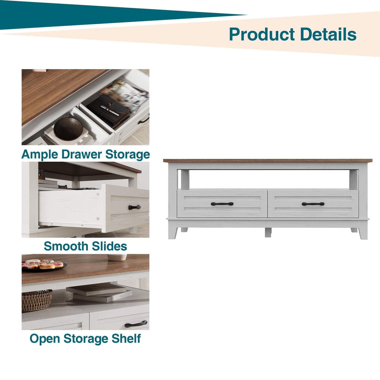 GRAVEE 47" Farmhouse Coffee Table with 2 Drawers Wood Center Storage Shelf