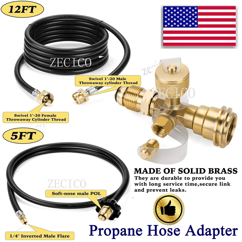 Propane Brass 4 Port Tee kit with 5ft and 12ft Hoses Allow for BBQ Tool Replace