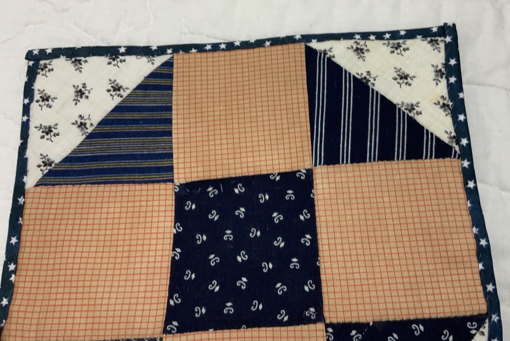 Antique Vintage Patchwork Quilt Table Topper, Nine Patch With Triangles, Navy