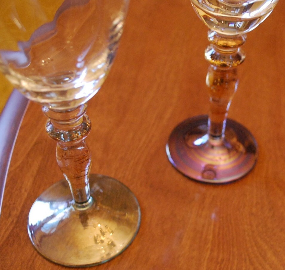 ROGASKA Optic Crystal VENETIAN GOLD LUSTER Set 2 WATER GOBLETS Foil In Stem 8.5"