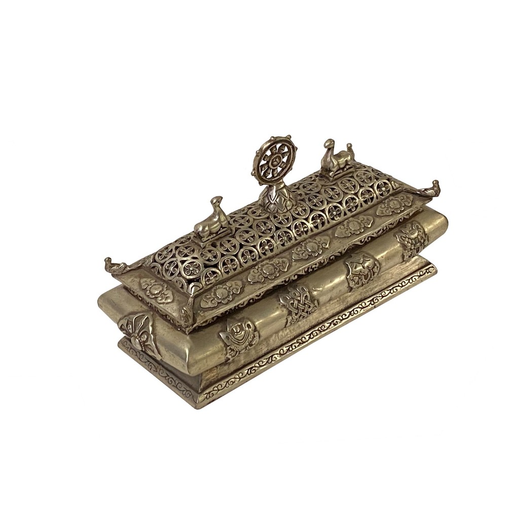 Chinese Tibetan Silver Color Rectangular Shape Incense Burner Display ws3311