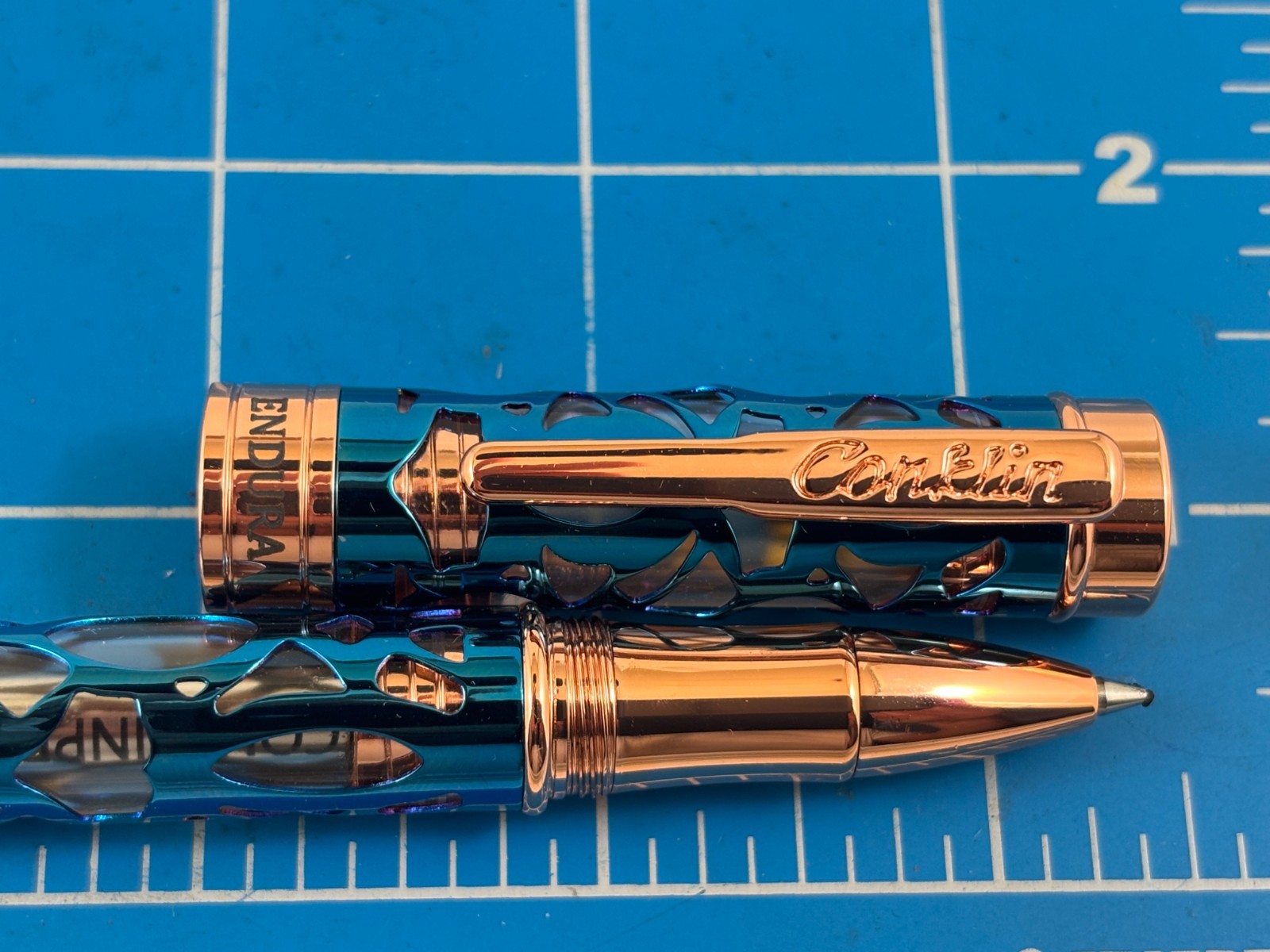 Judd's NEW Conklin Endura Deco Crest Demo Blue Rose Gold Rollerball Pen