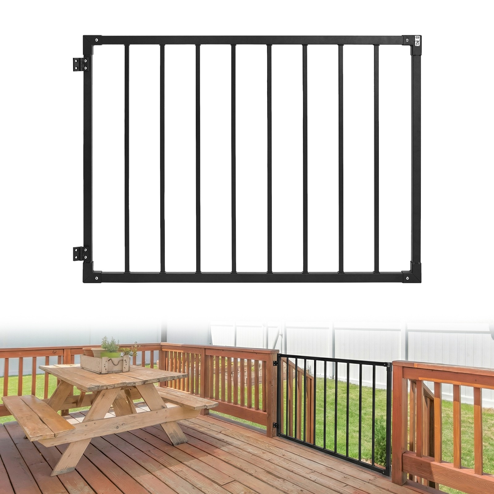 Heavy-Duty Deck Fence Gate 32.5" H x 48" W Black Metal Gate for Patio Yard Fence