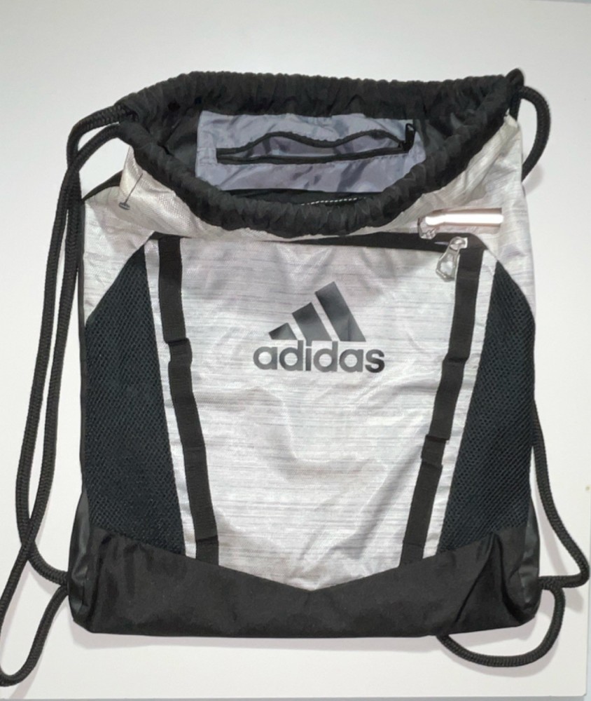 adidas Gray Black Drawstring Gym Bag Polyester 3 Pockets Adjustable Strap Mesh
