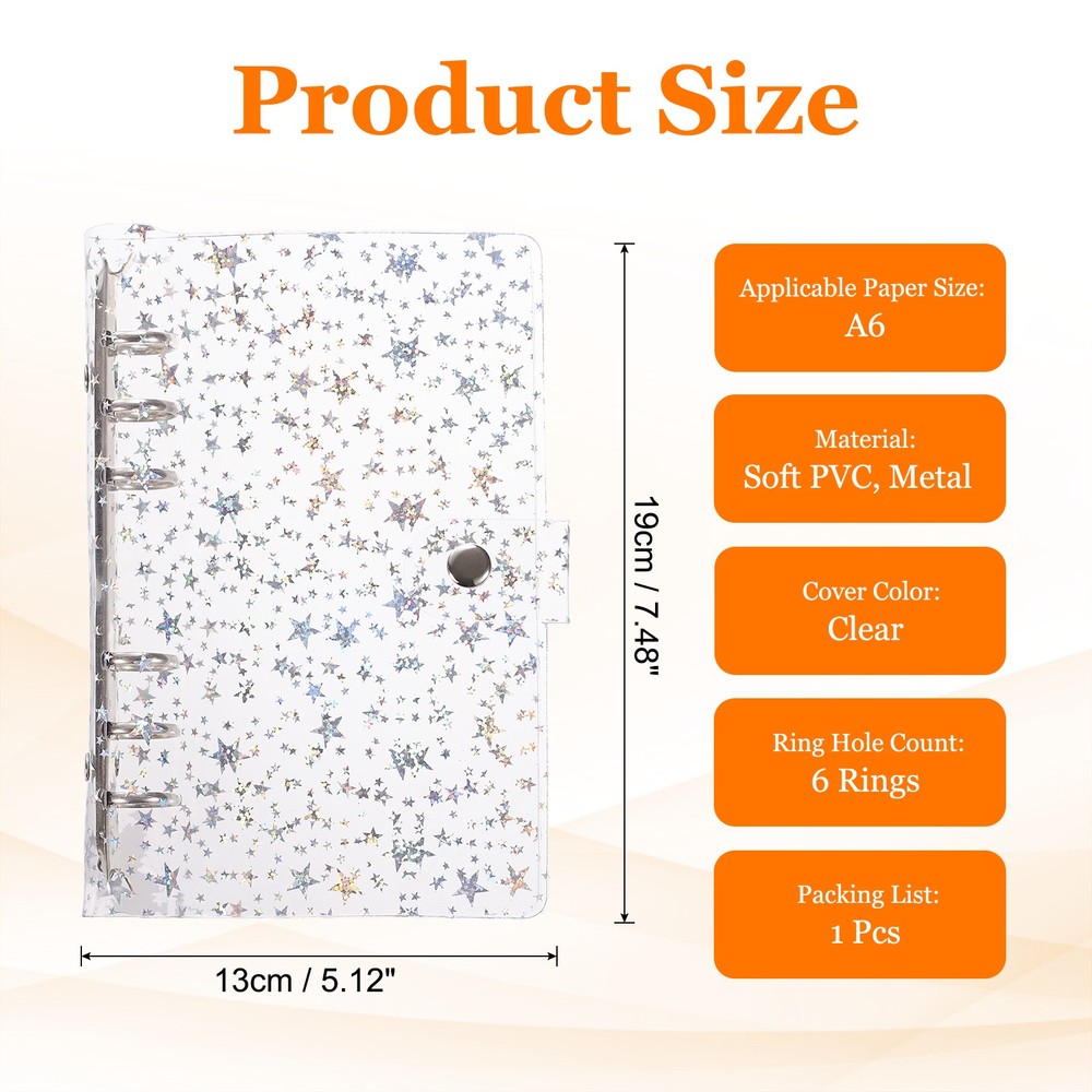 A6 Binder Cover, Stars Refillable Notebook Shell with Snap Button, Clear