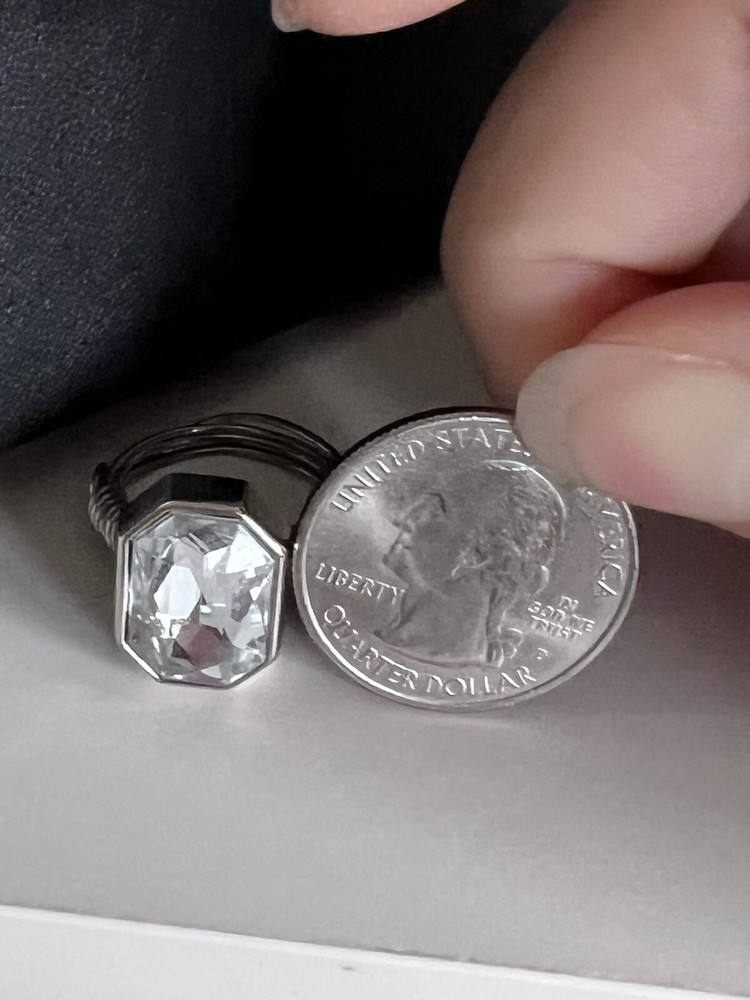 Silver and Crystal Sparkly Wire Wrapped Button Ring Size 6