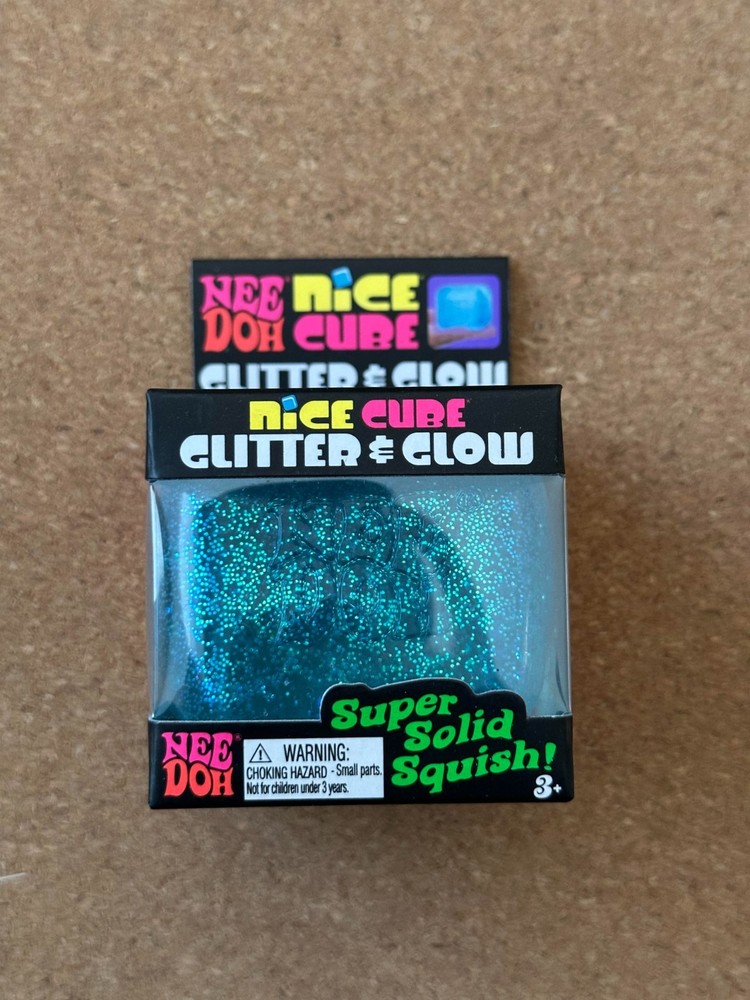 Schylling NEEDOH NICE CUBE GLITTER and GLOW Super Solid Squish Toy - BLUE