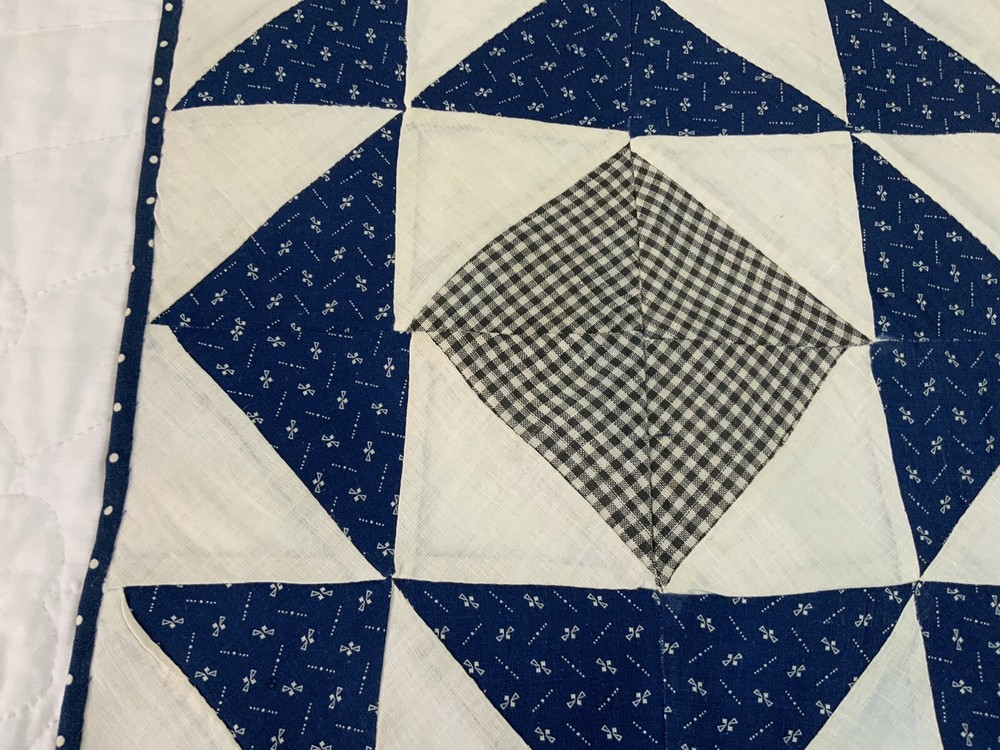 Vintage Patchwork Quilt Table Topper, Triangles, Early 1900’s, Navy, White