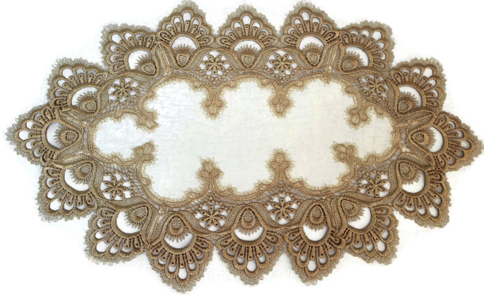 Doily Boutique Table Runner or Doily with Gold Lace and Antique White Fabric