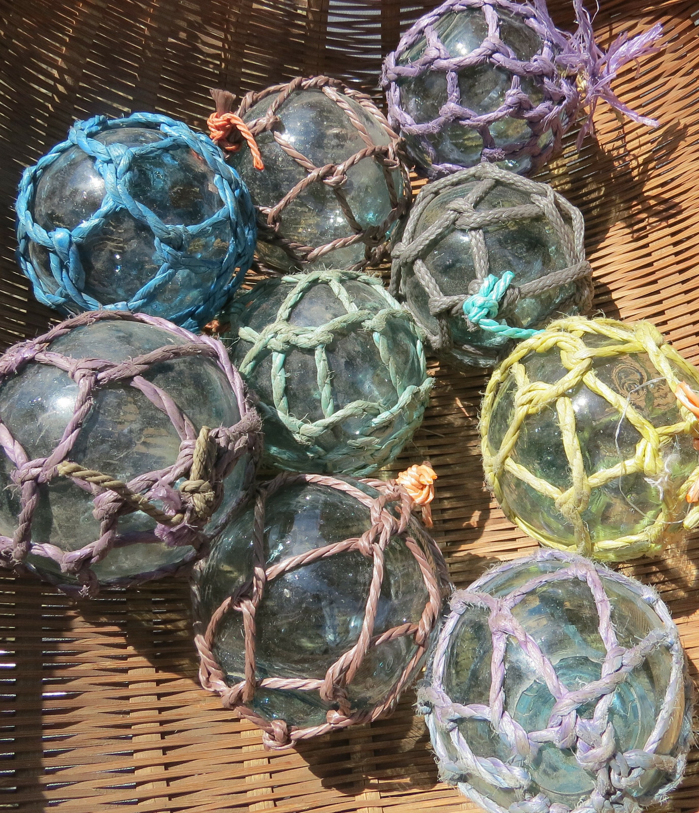 Japanese Glass Fishing FLOATS 3" Netted LOT-9 Net Buoy Authentic Vintage!