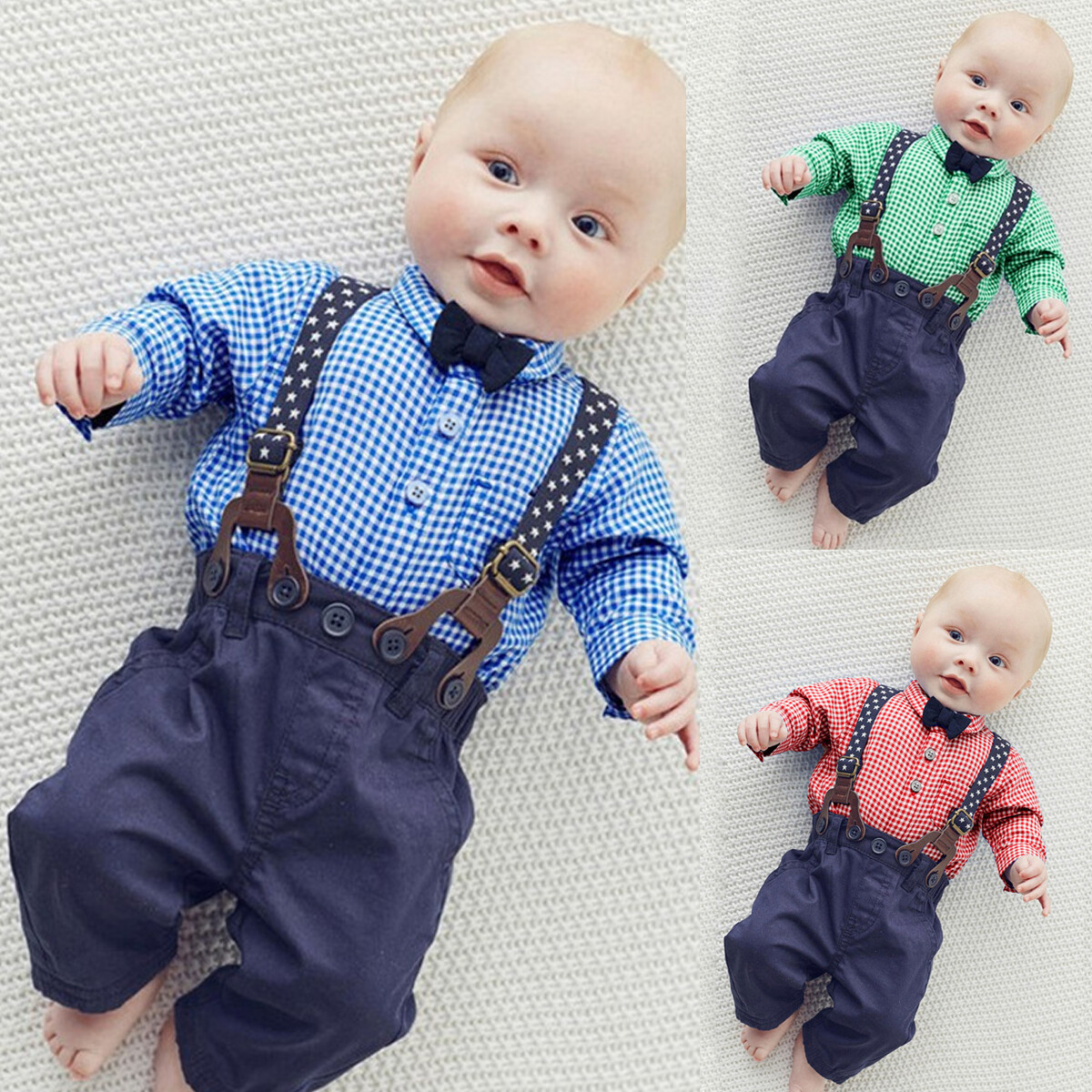 Kids Baby Boy Girls Bow Tie Plaid Shirt+Suspender Pants Trousers Outfit Set