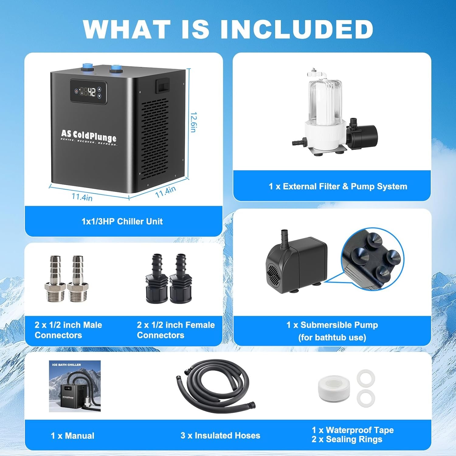 Water Chiller & Ice Bath Tub Kit Ice Pod XXL Tub Cold Plunge Therapy Recovery