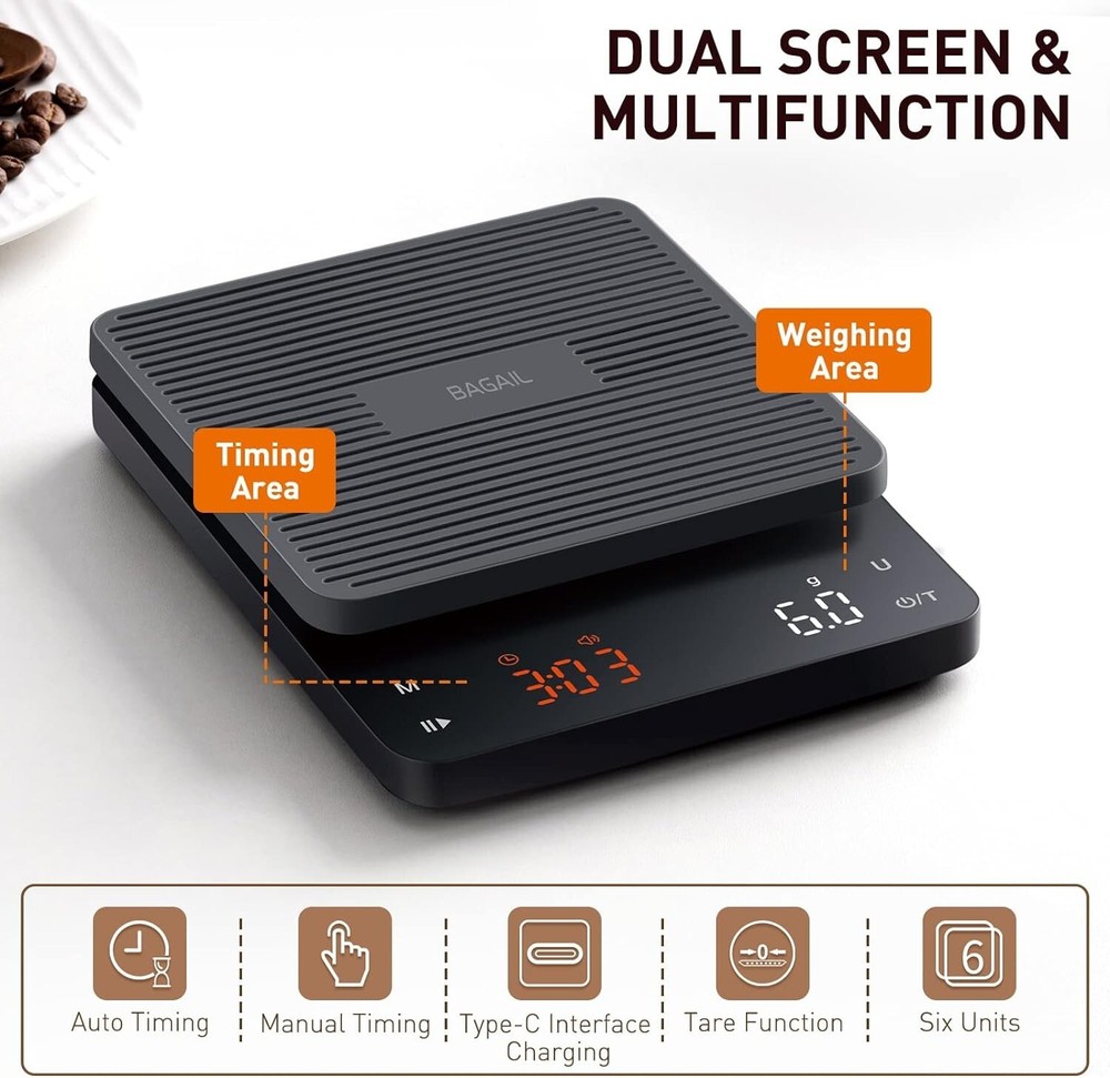 Professional Pour Over Coffee Scale – Auto Timing, Tare Function & Large Display