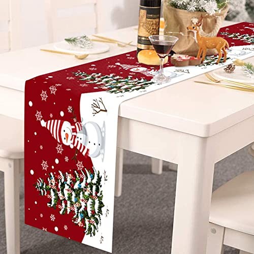 Christmas Table Runner, Snowflake Snowman Rustic Red Table Runners for
