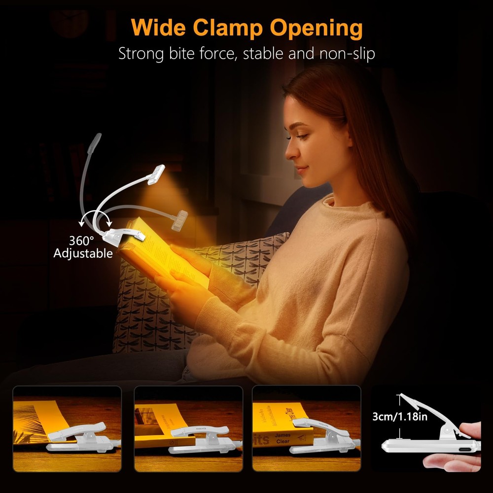 19 LED Rechargeable Book Light Memory Function 3 Color Stepless Dimming White