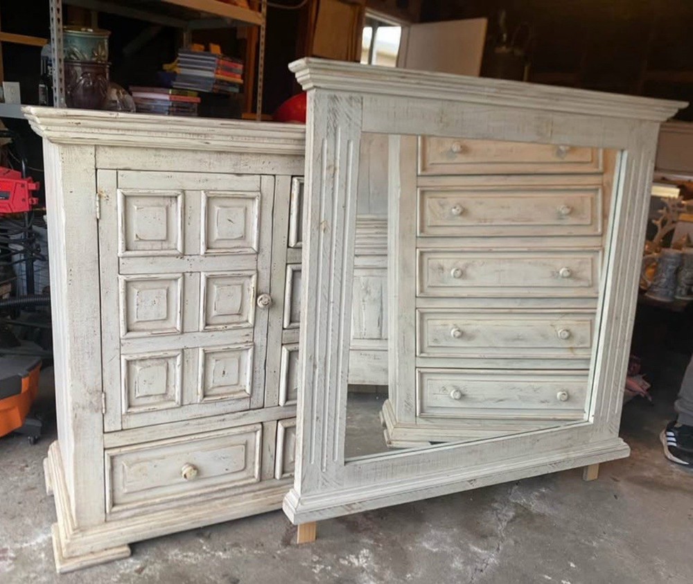 Queen Rustic White Bed Frame, Dresser W/Mirror
