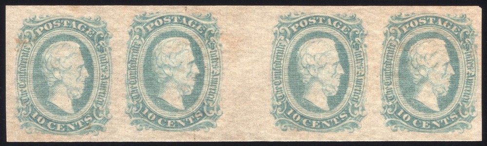 Confederate, CSA #11c (AD) Greenish Blue, Gutter Strip of 4, Mint-OG-NH XF