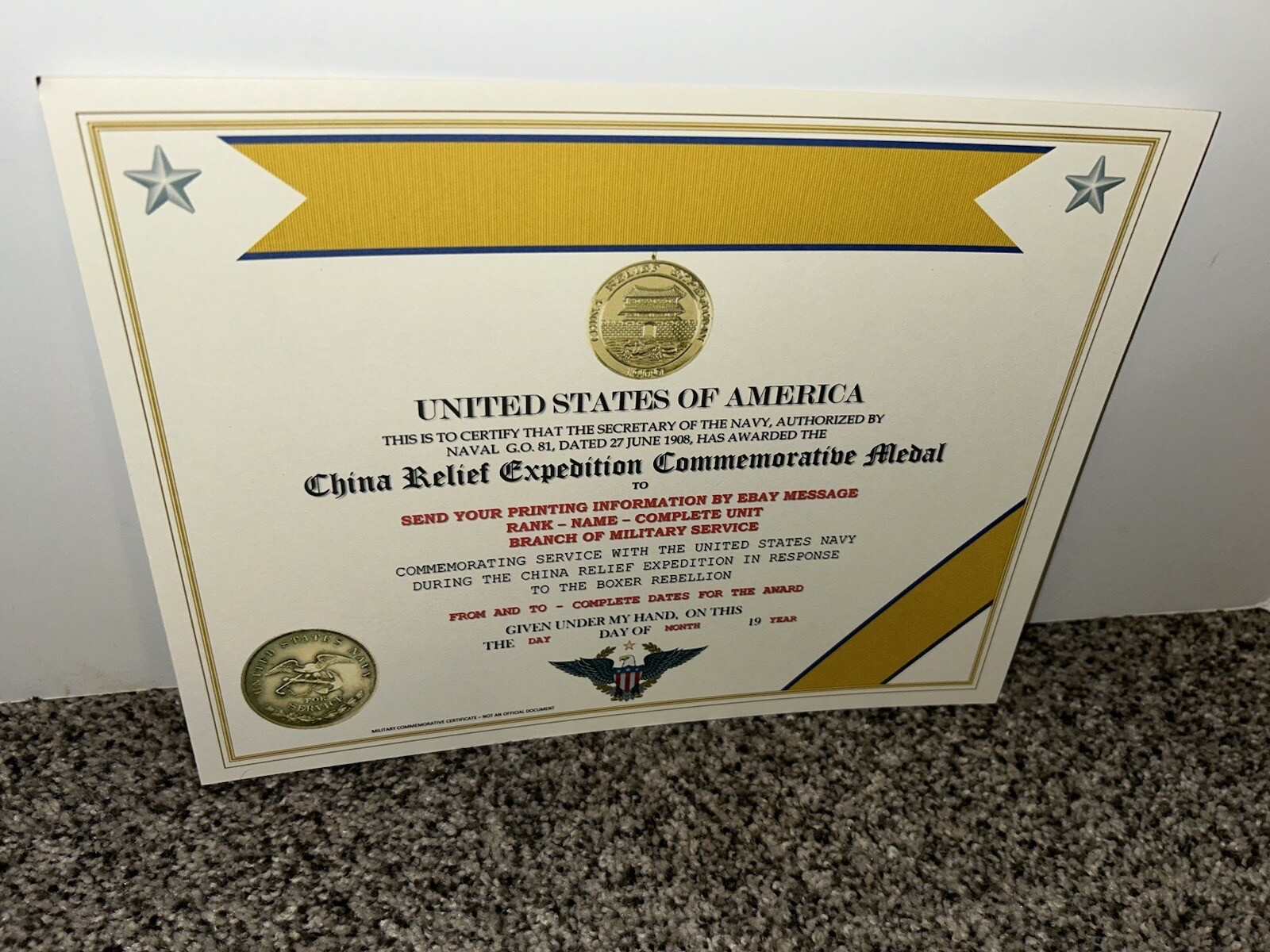 CHINA RELIEF EXPEDITION COMMEMORATIVE MEDAL CERTIFICATE ~ W/PRINTING TYPE-1