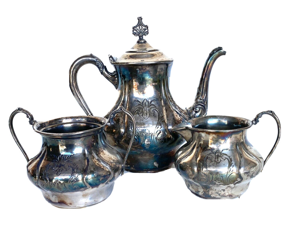 Antique Quad Plate Silver Tea Set Victorian Britannia Metal Co, Hand Chased