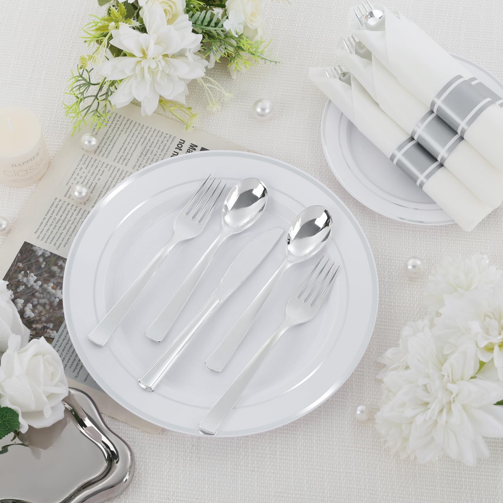 EI 120Pack Sliver Wrapped Plastic Silverware Set Disposable,480pcs Sliver Plasti