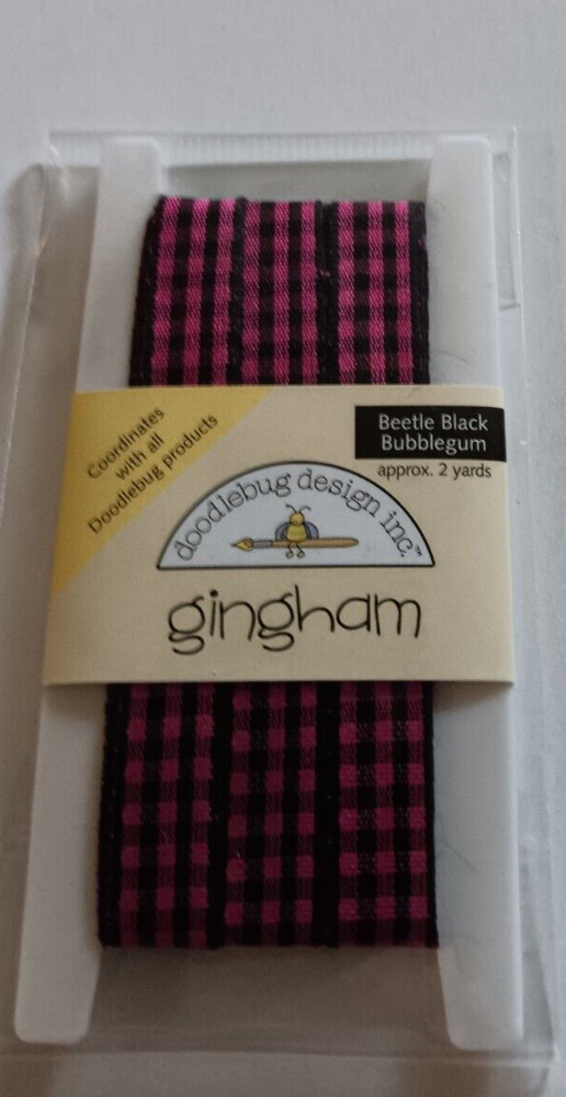 Doodlebug Ribbon Spool Gingham Bubblegum Pink Beetle Black