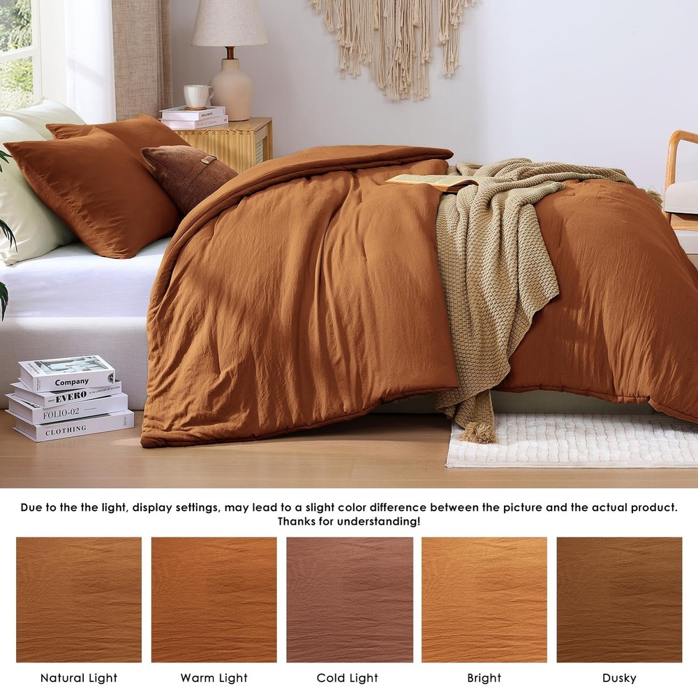 WRENSONGE Queen Comforter Set - 3 Pieces Prewashed Burnt Orange Comforter Sof...