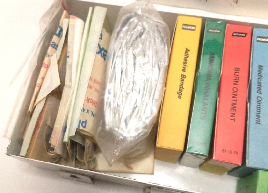 Vintage - North First Aid Kit - Metal Storage with Contents and 1st Aid Guide