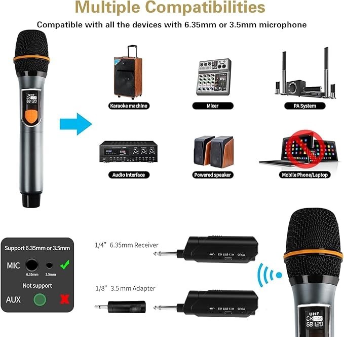 Wireless Microphone UHF Dual Handheld Dynamic Mic System Receiver Rechargeable