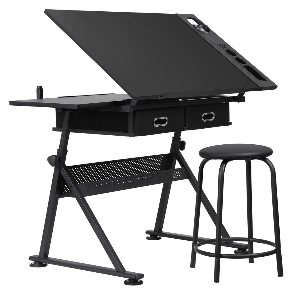 Drafting Table Drawing Desk Workstation Adjustable Tabletop w/Stool & 2 Drawers