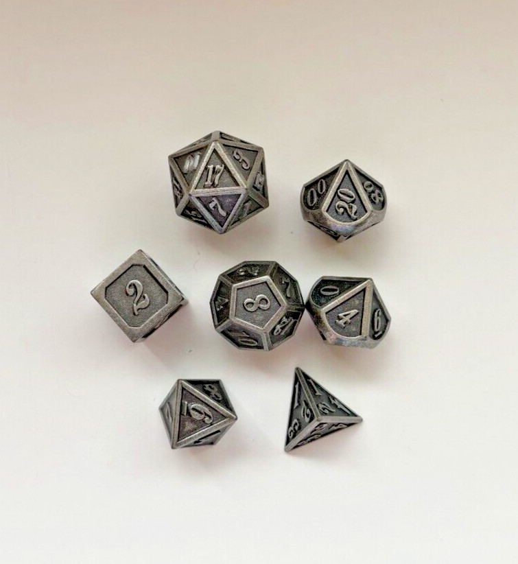 7 Pcs Polyhedral Silver Metal D&D Dice,  Role Playing