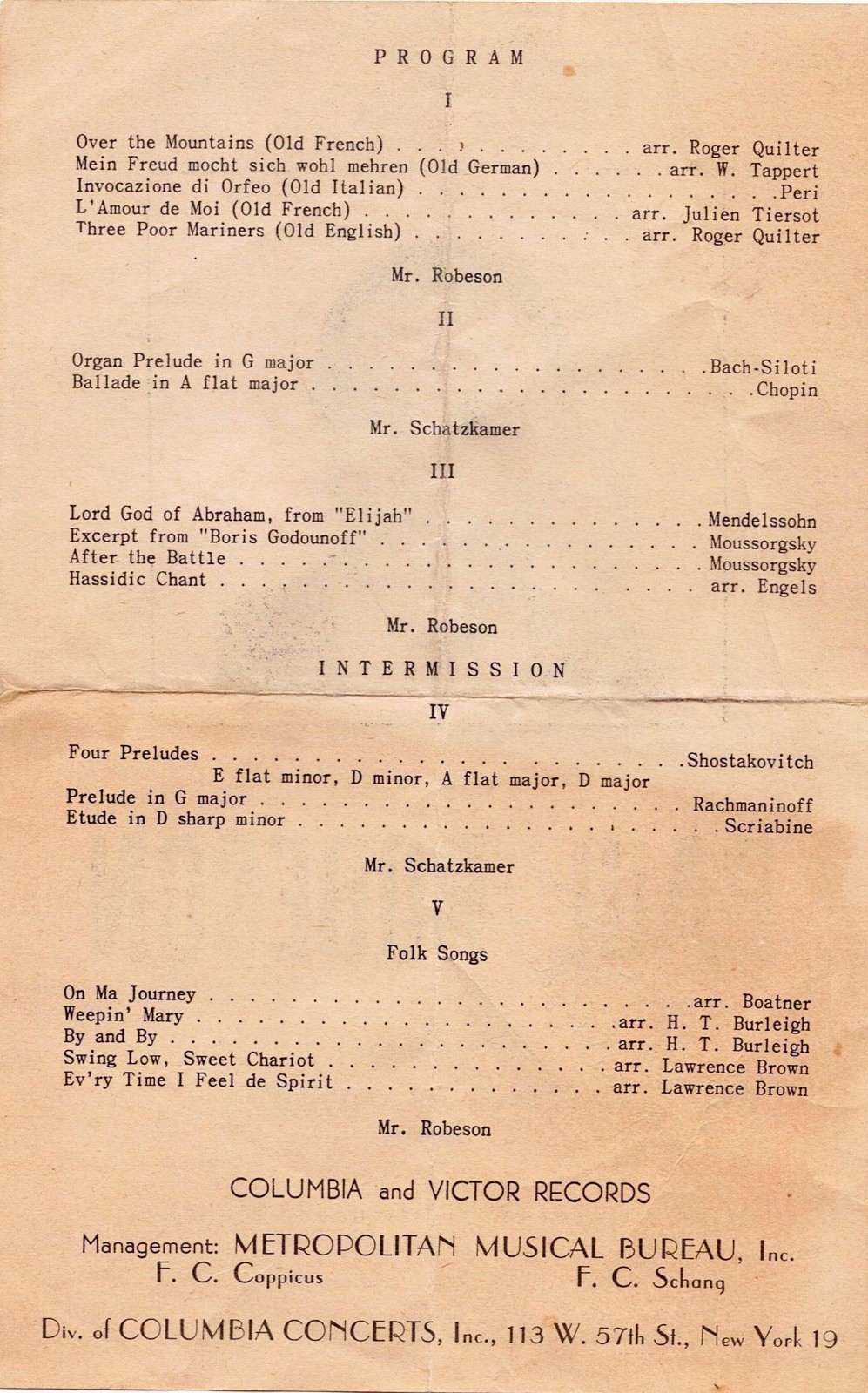 Paul Robeson, hand signed 1947 concert program Rare Free Shipping