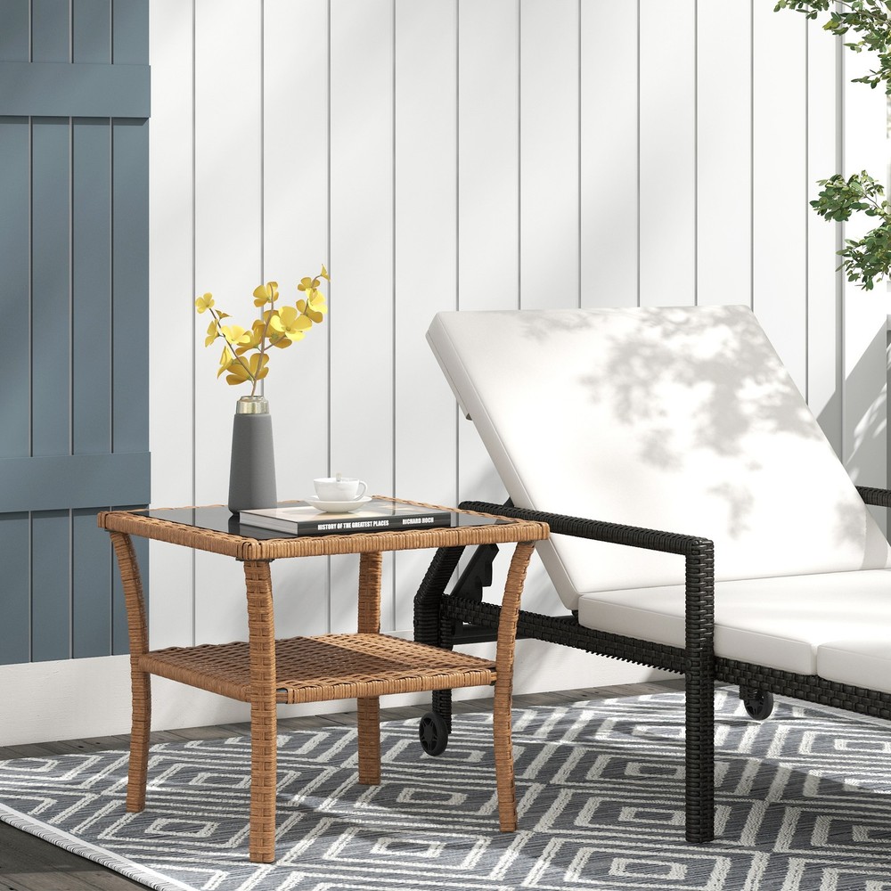 Outsunny Patio Wicker Coffee Table w/ Two-tier Design, Side Table, Sand