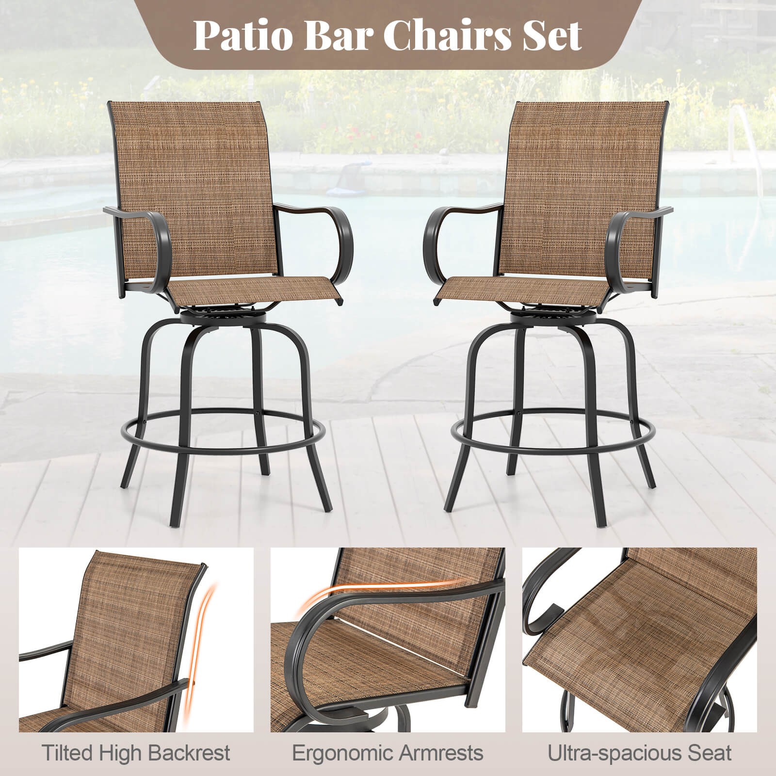 Outdoor Swivel Bar Stool Set of 4 w/Breathable Fabric and Heavy Duty Metal Frame
