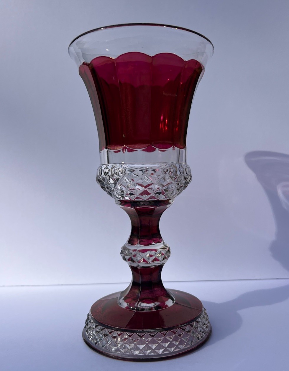 Antique 1890’s Victorian Ruby Flash EAPG 12 Panel Pedestal Celery Vase 10”