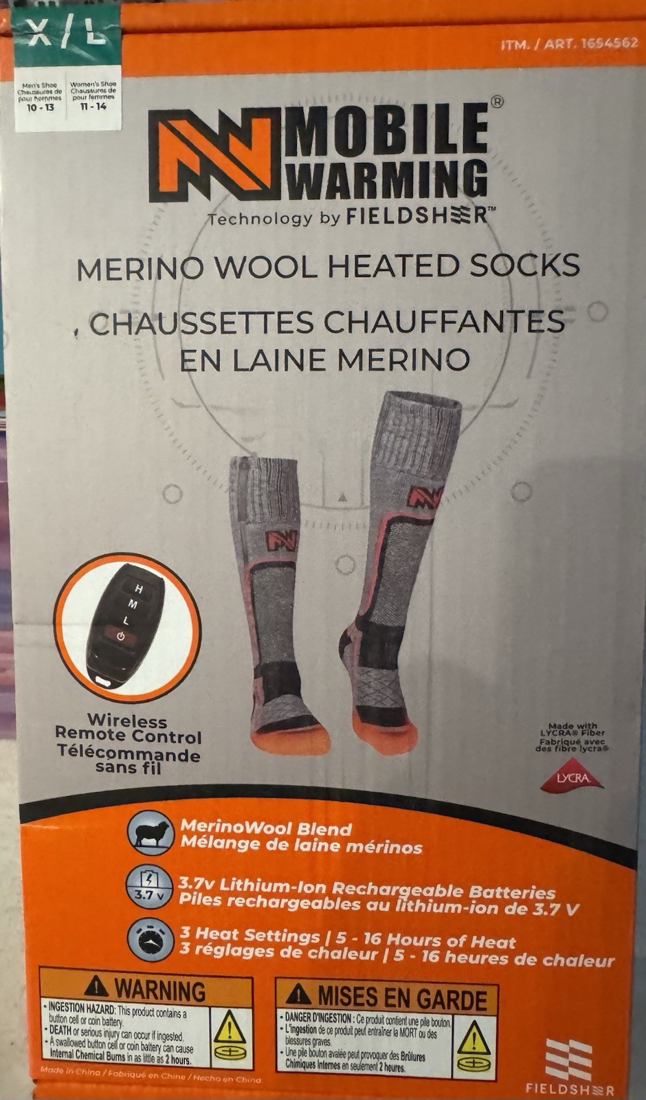 Mobile Warming Merino Wool Heated Socks Size XL with Wireless Remote Unisex