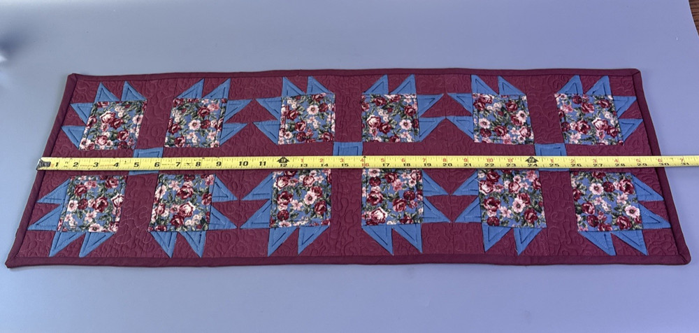 Quilt Wall Hanging Or Table Runner Patchwork Bear Claw Pink Blue