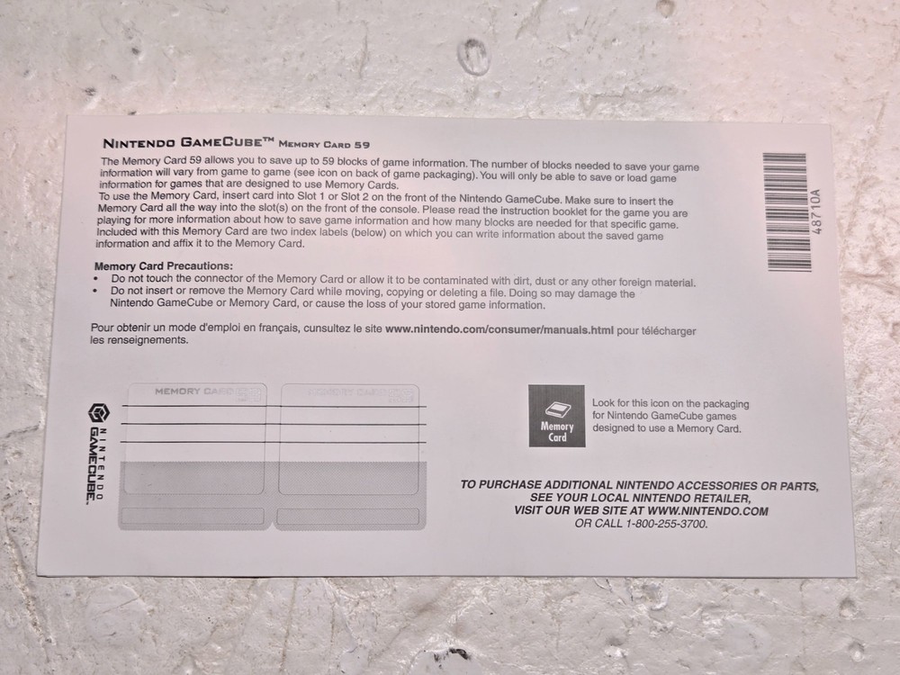 Nintendo Gamecube Memory Card 59 Sticker Sheet Insert Unused